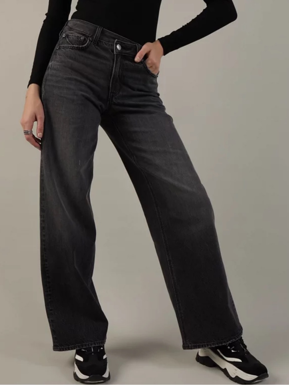 American Eagle Curvy Super High-Rise Baggy Straight Jeans charcoal gray black